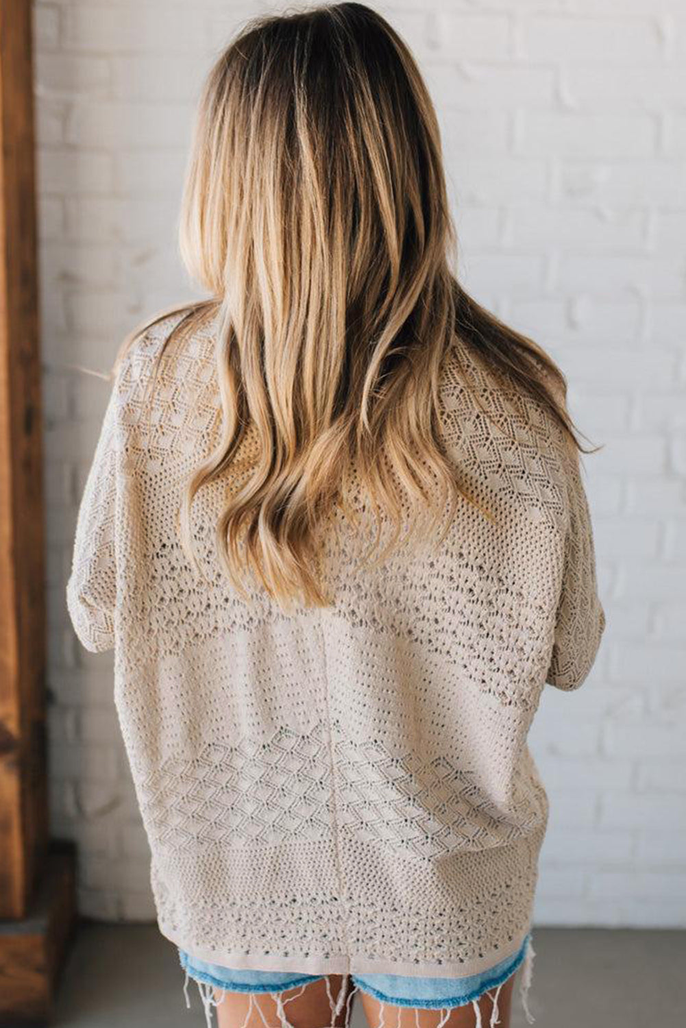 Lapis Mix Pattern Hollowed Knit Open Front Cardigan