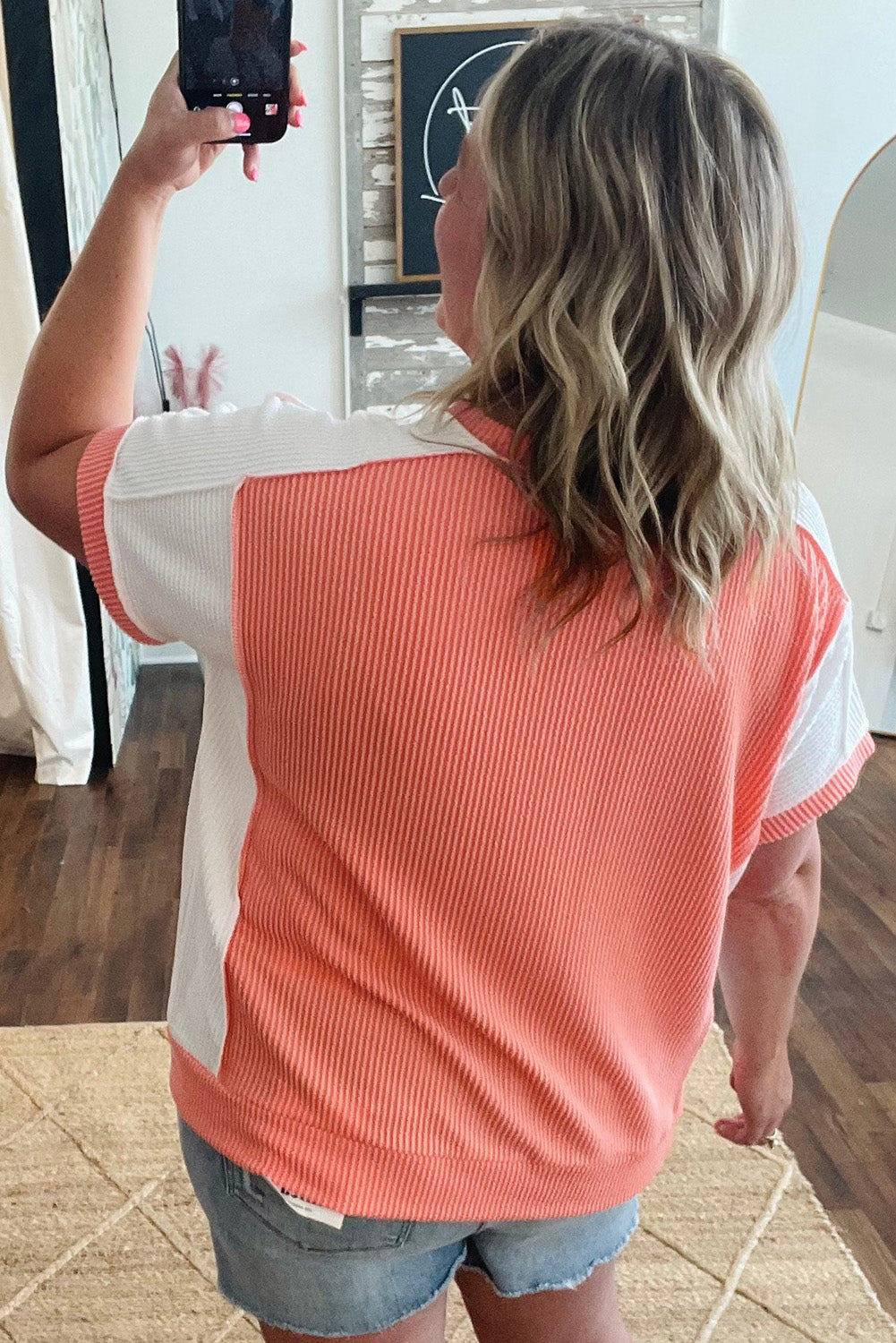 Parchment Twist Rib Colorblock Hi Low Plus Size Short Sleeve Top