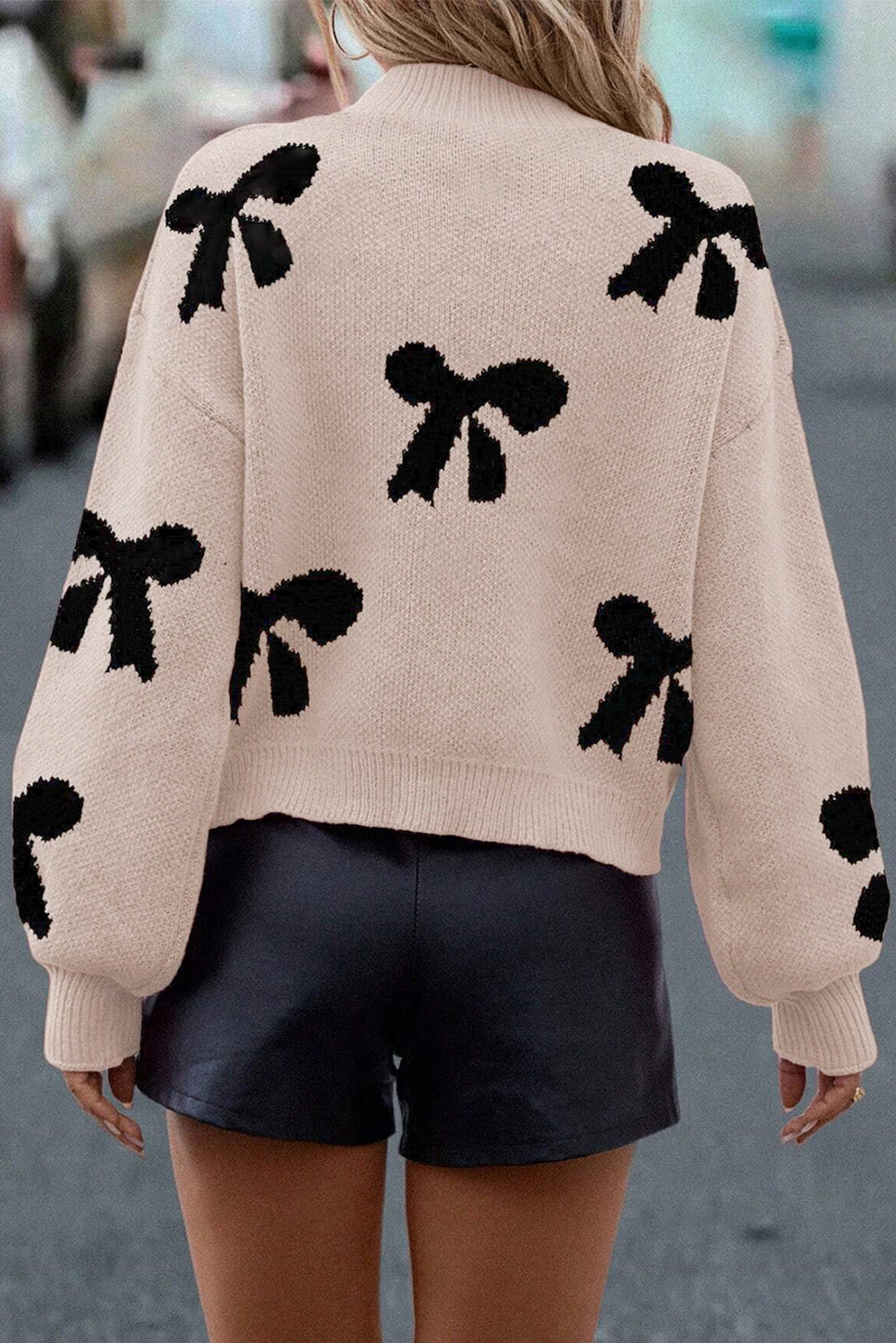 Smoke Gray Pearl Embellished Bow Pattern Loose Sweater