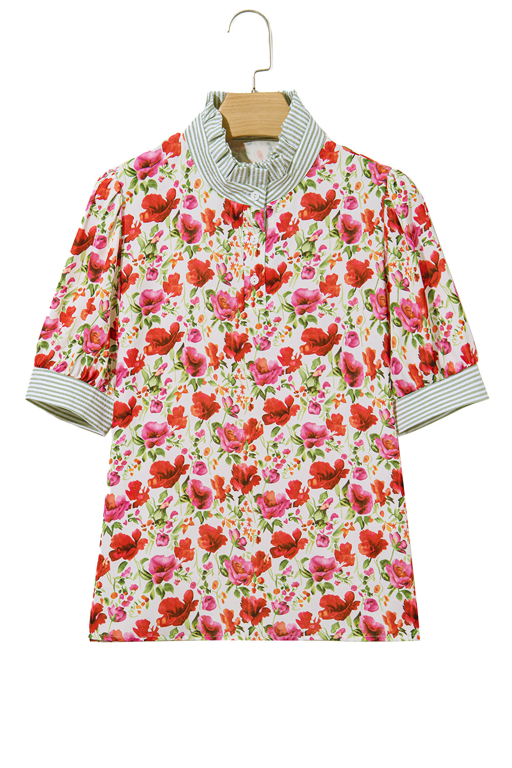 Sky Blue Floral Print Striped Patchwork Collared Short Sleeve Blouse