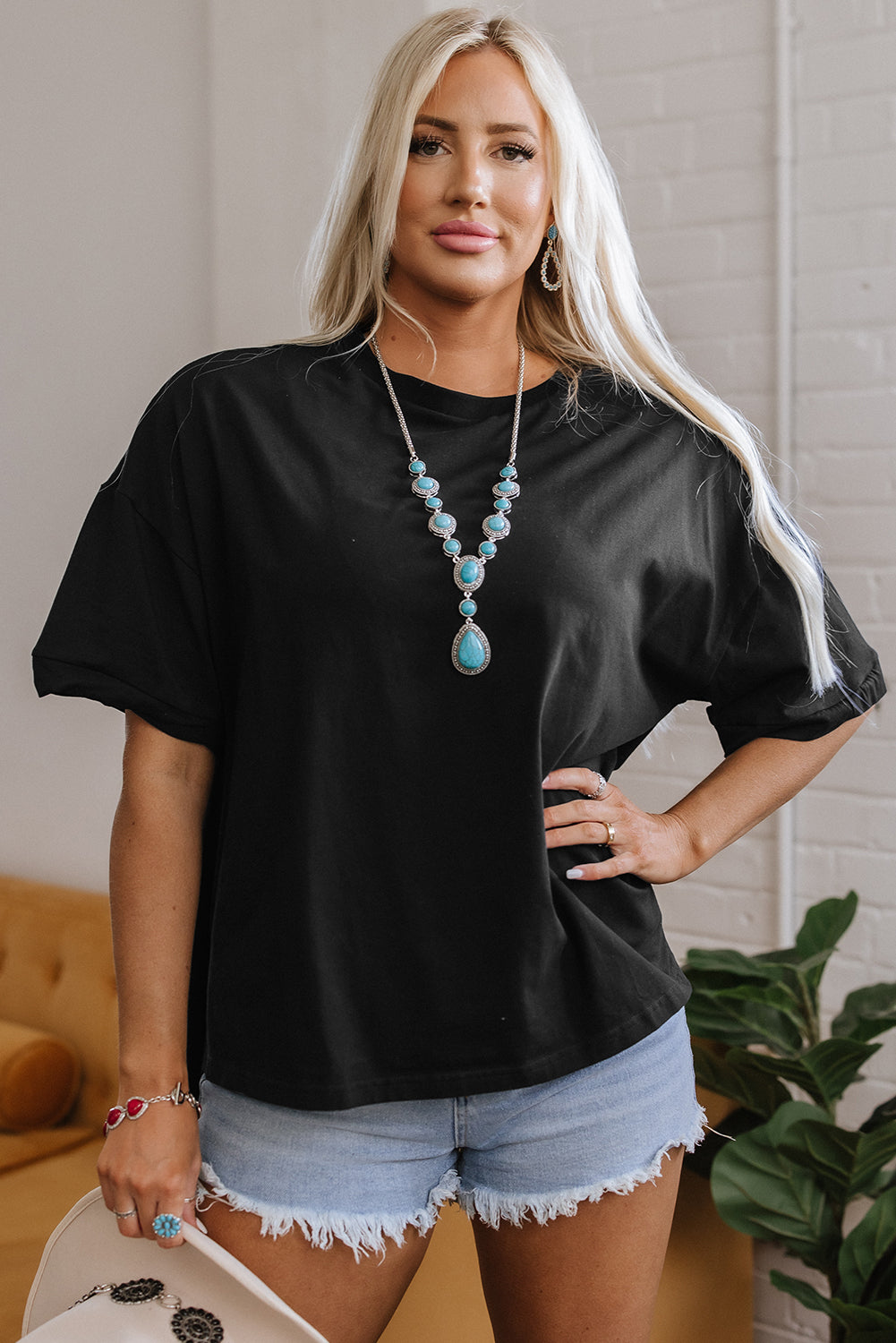 Myosotis Loose Half Sleeve Hi Low Hem T Shirt