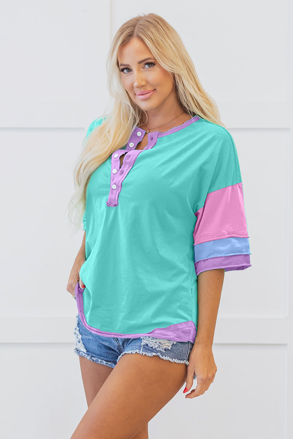 Light Blue Solid Color Half Sleeve Buttons Henley Top