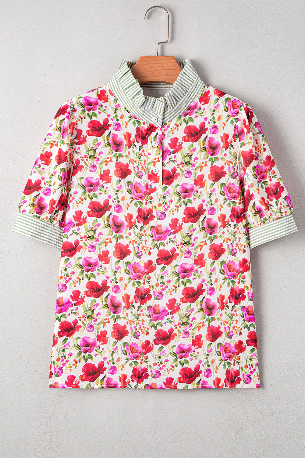 Sky Blue Floral Print Striped Patchwork Collared Short Sleeve Blouse