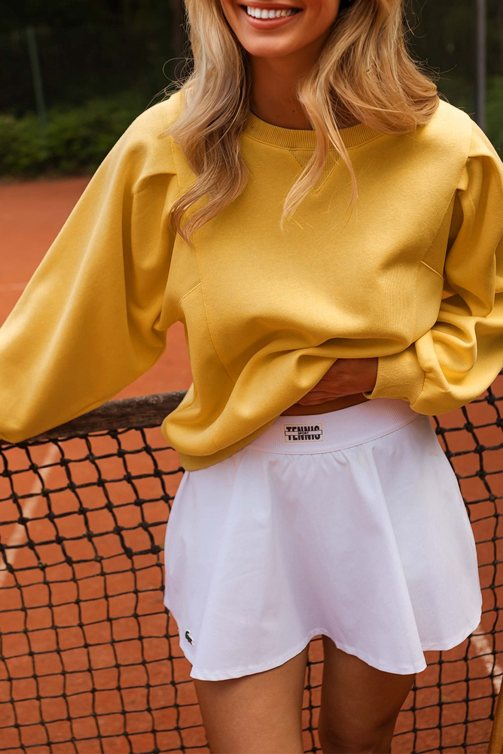 Citrus Pleated Balloon Sleeve Pullover Solid Sweatshirt