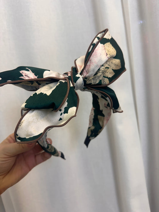 A129 - Green Floral Double Bow Headband