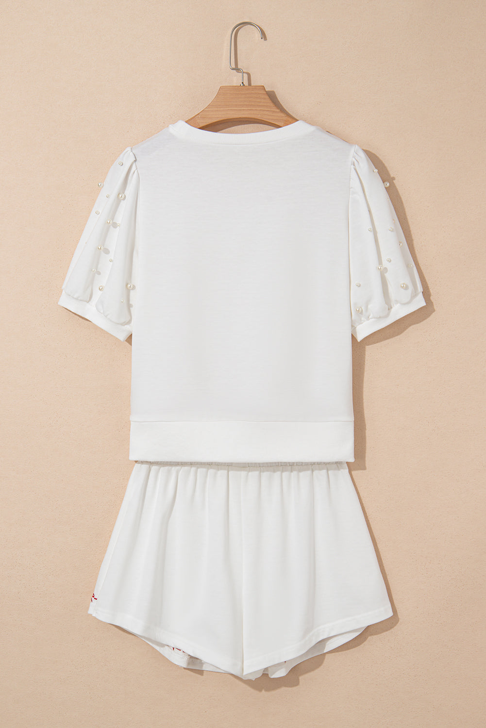 Pink Contrast Bow Trim Pearl Puff Sleeve Blouse and Skort 2pcs Set