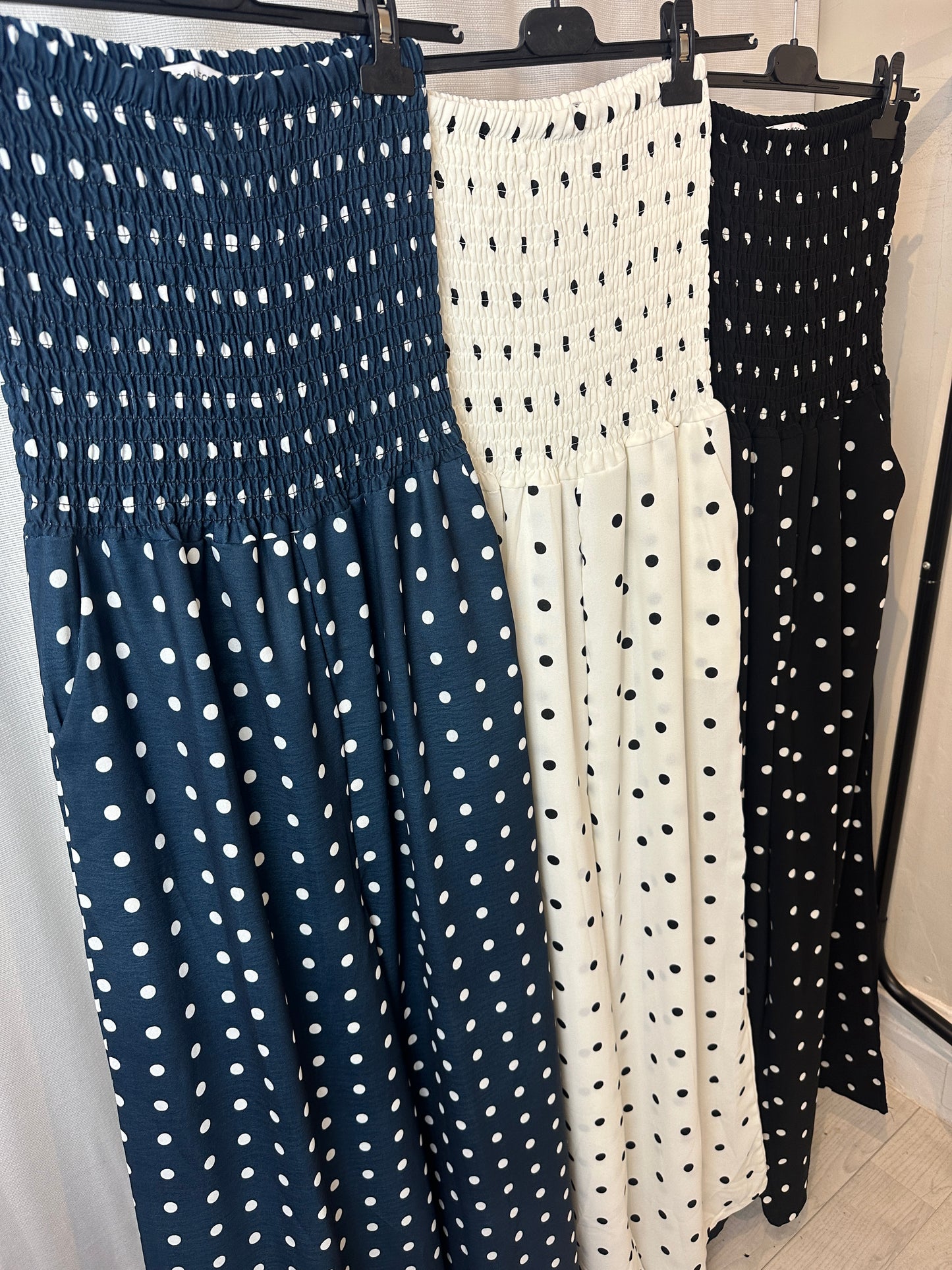 Polka Dot Smocked Bandeau Wide-Leg Jumpsuit