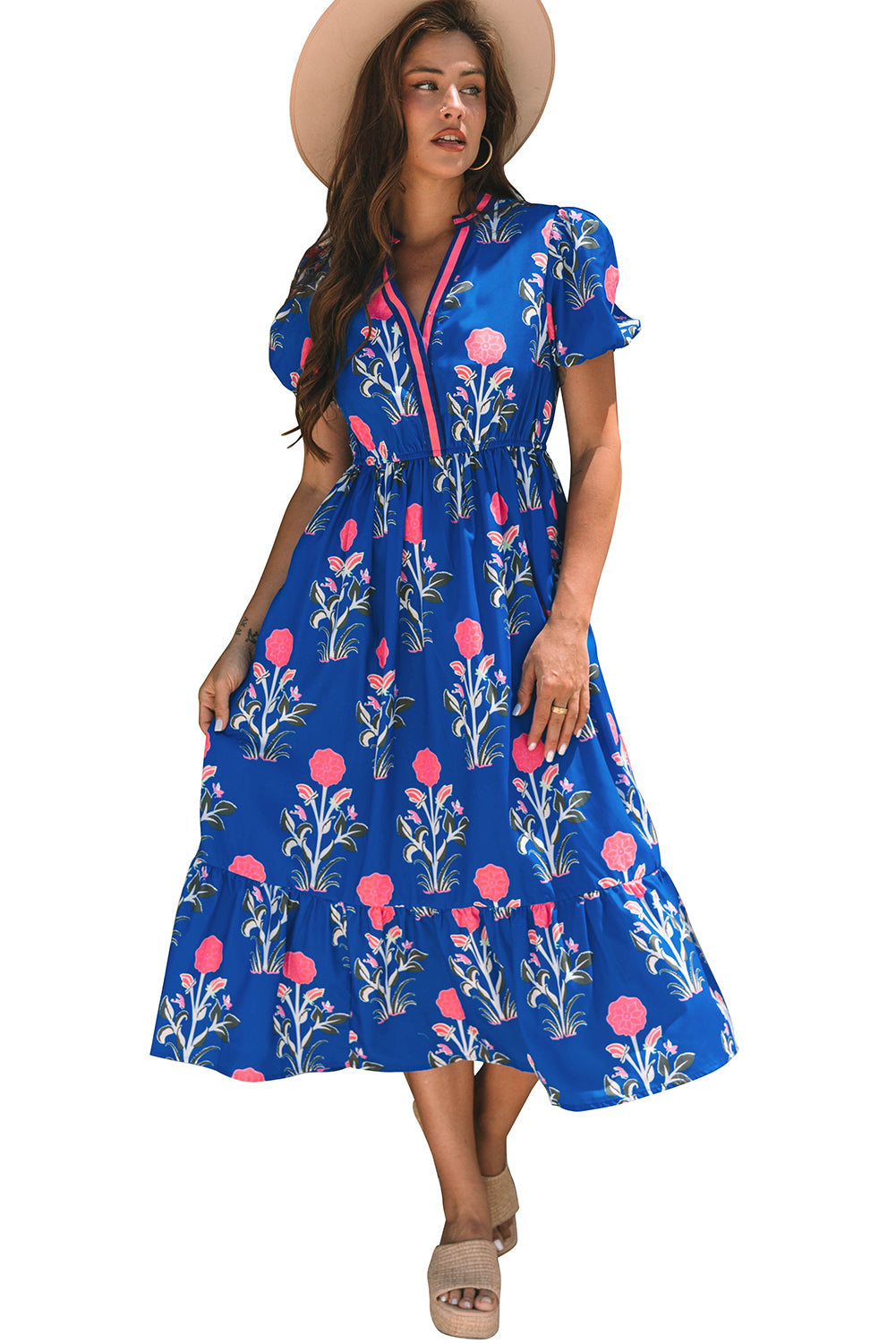 White Floral Puff Short Sleeve V Neck High Waist Maxi Dress