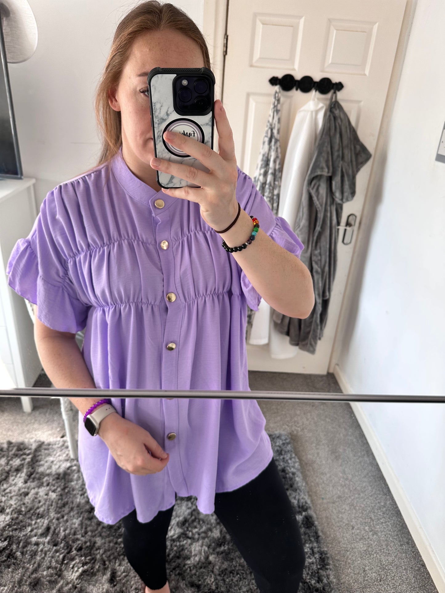 1370 - SHORT SLEEVE GOLD BUTTON RUFFLE TOP (5 COLOURS AVAILABLE)