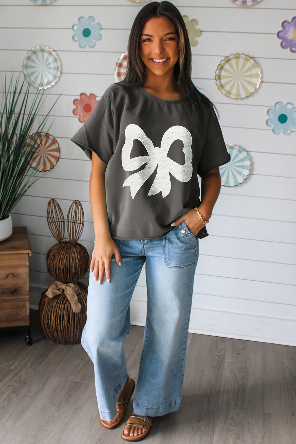 Sea Green Lace Bow Raw Edge Drop Shoulder Casual T Shirt