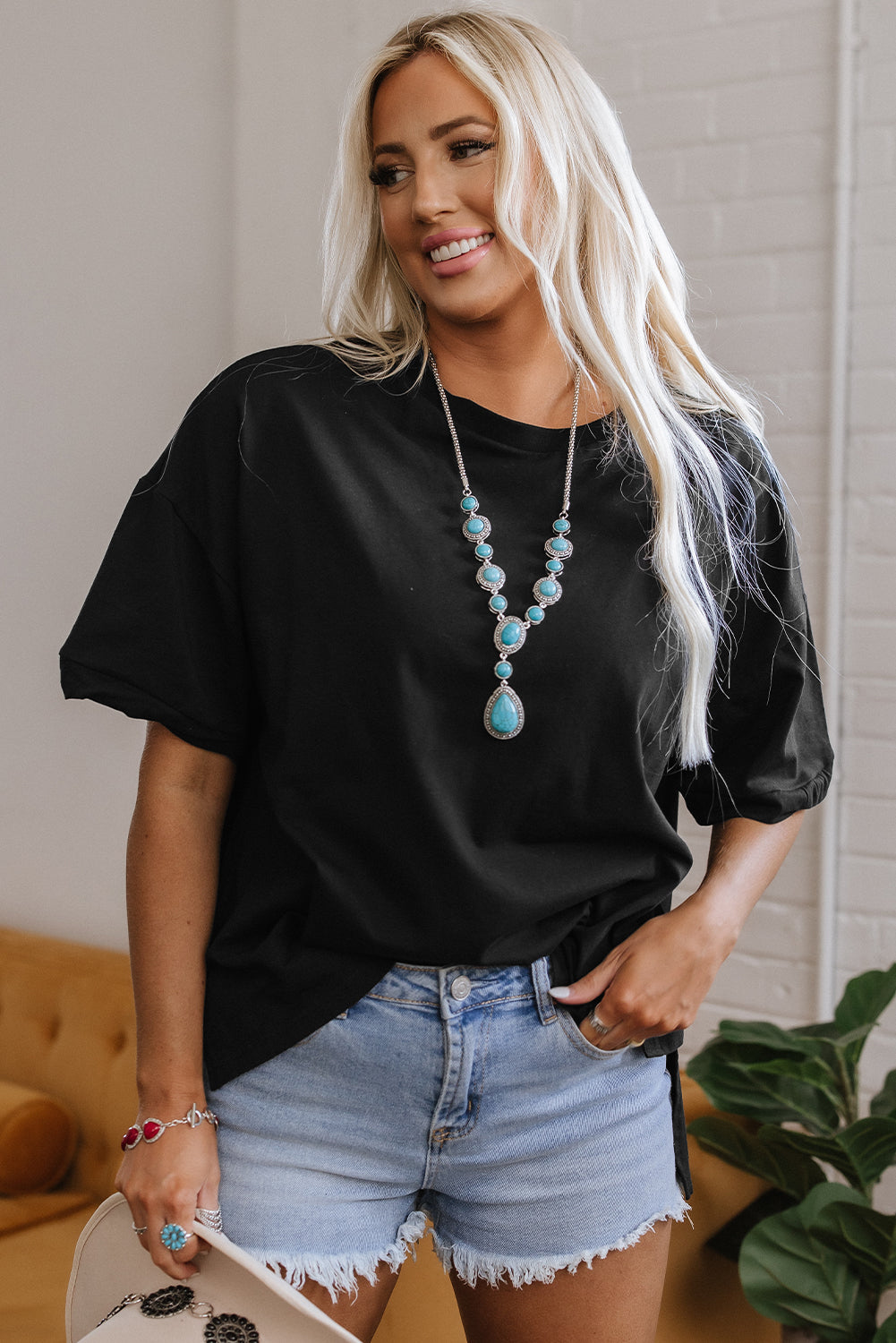 Myosotis Loose Half Sleeve Hi Low Hem T Shirt