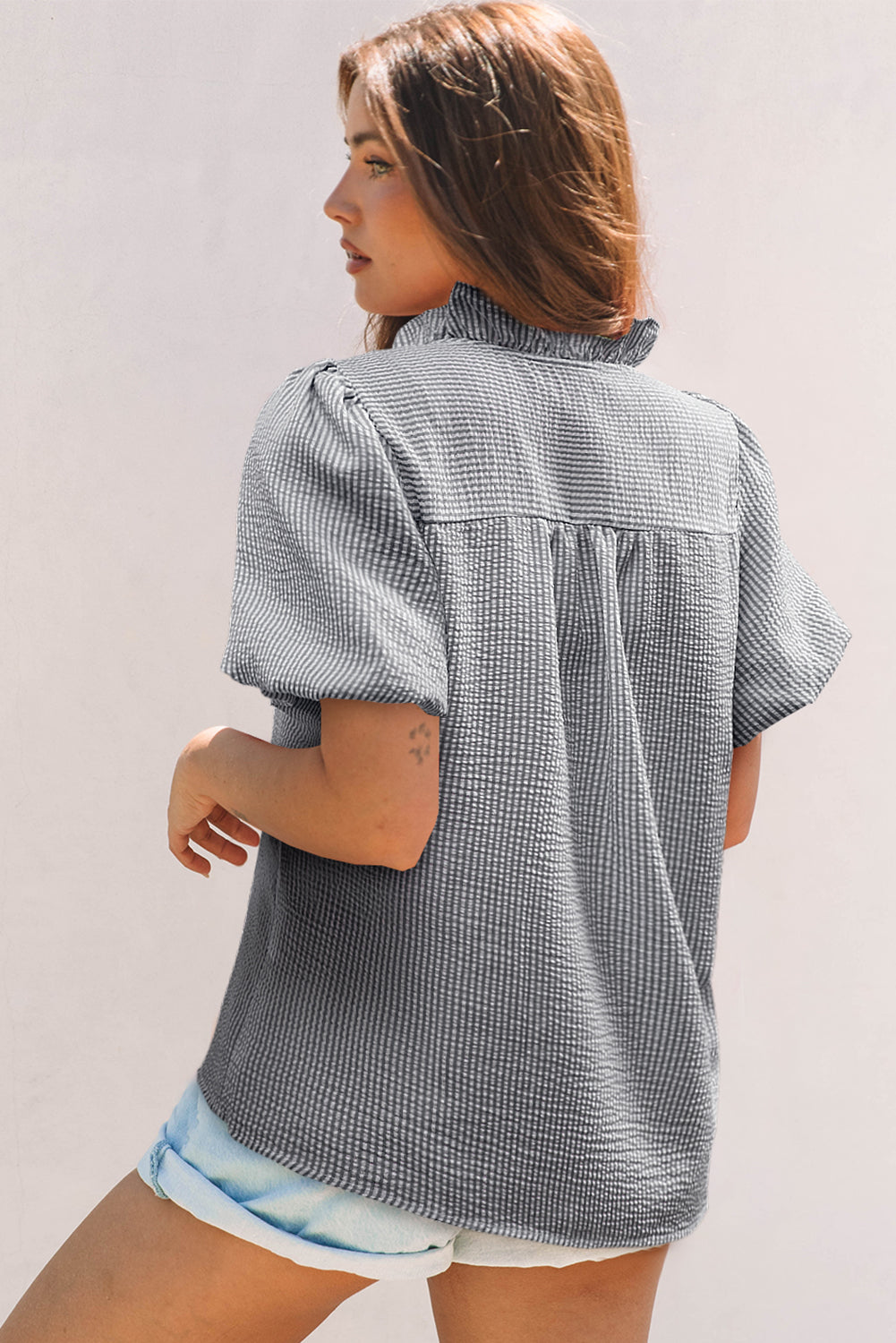 White Striped Ruffle Short Bubble Sleeve Shirt