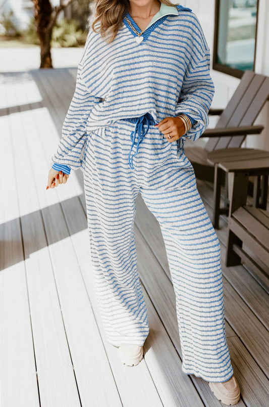 Sky Blue Stripe Collared Pullover Top and Drawstring Pant Set
