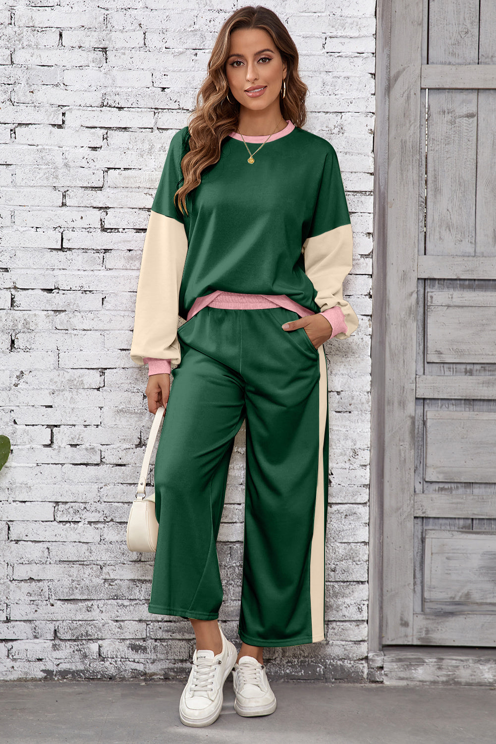 Black 2pcs Color Block Pullover Loose Pant Set