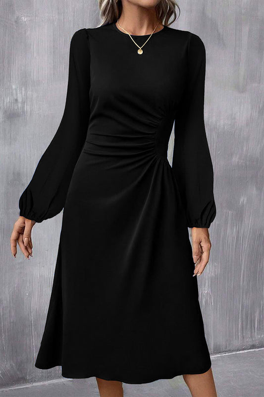 Blackish Green Solid Color Ruched Detail Long Sleeve Midi Dress