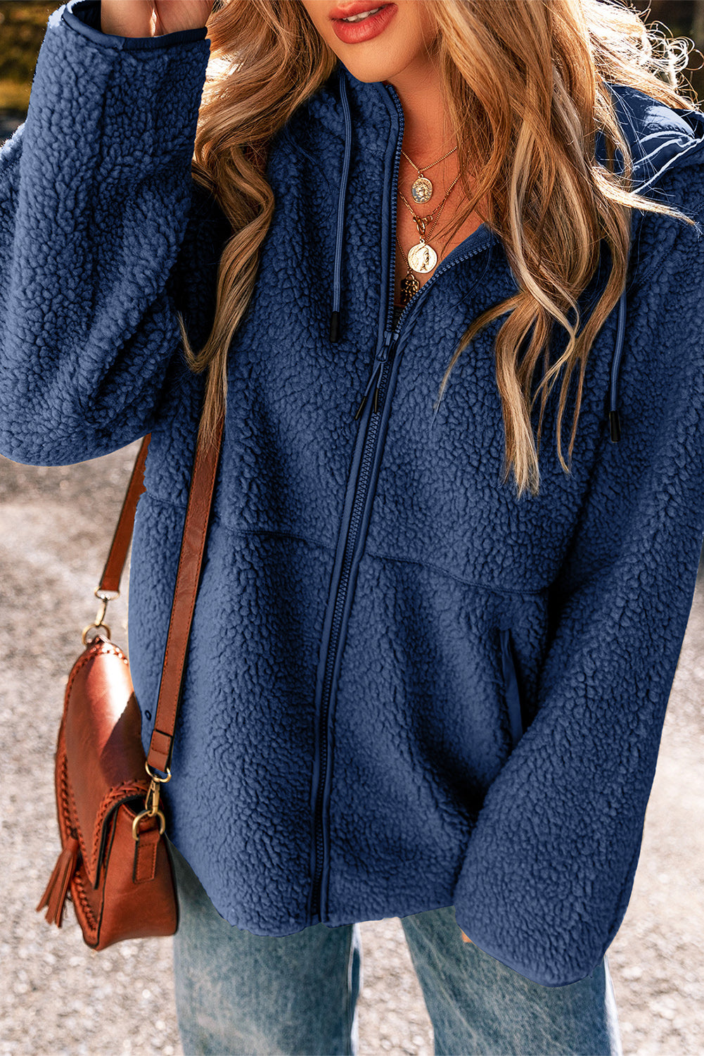 Navy Blue Fleece Zip Up Drawstring Hooded Pocketed Jacket