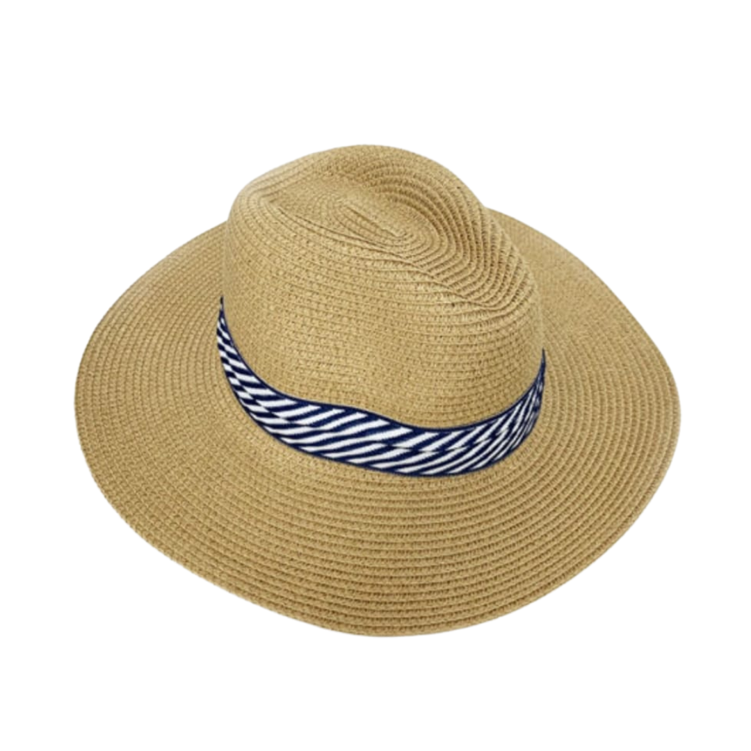 A039 - Taupe Straw Fedora Hat With Navy Band