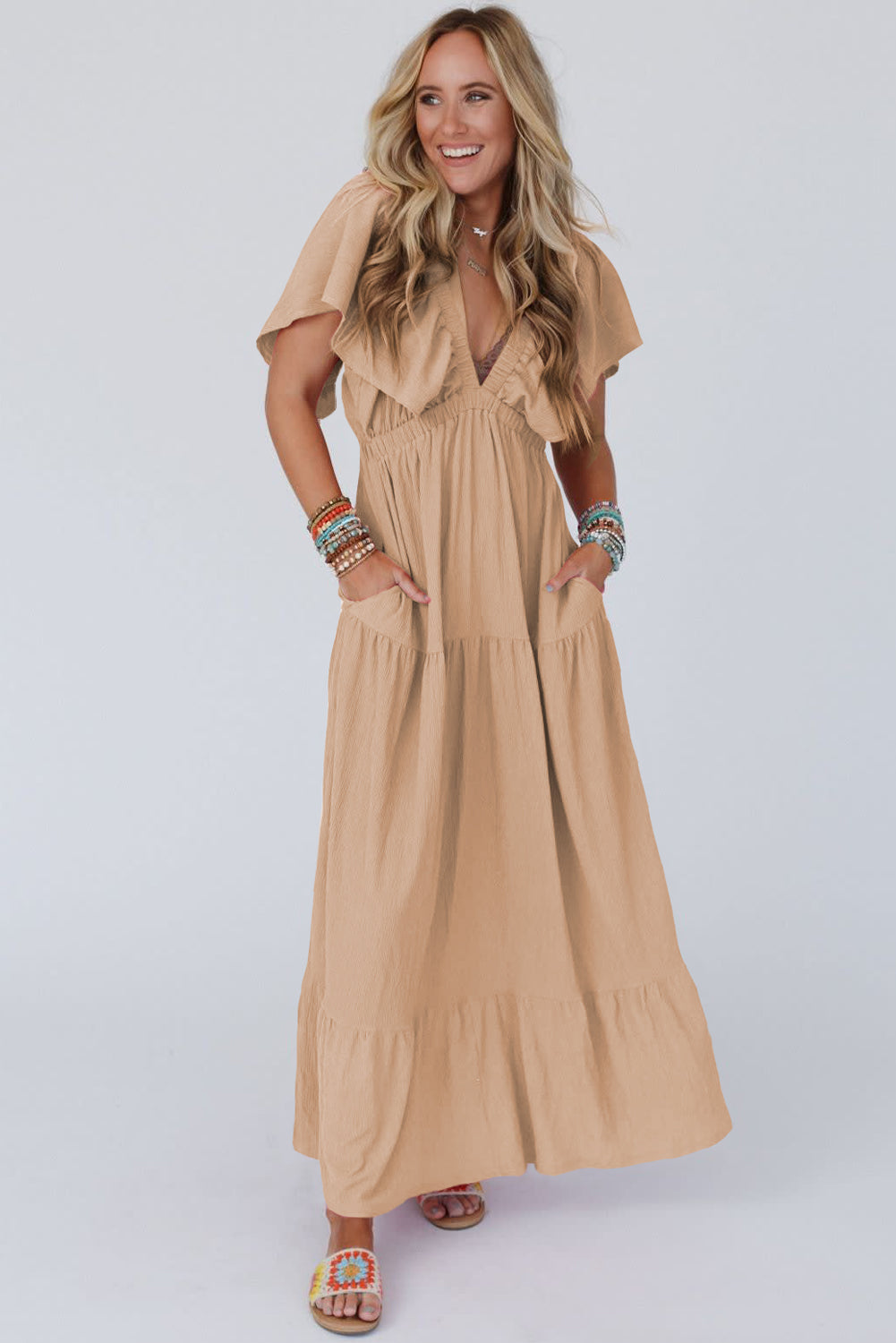 Green Textured V Neck Flutter Sleeve Ruffled Maxi Dress