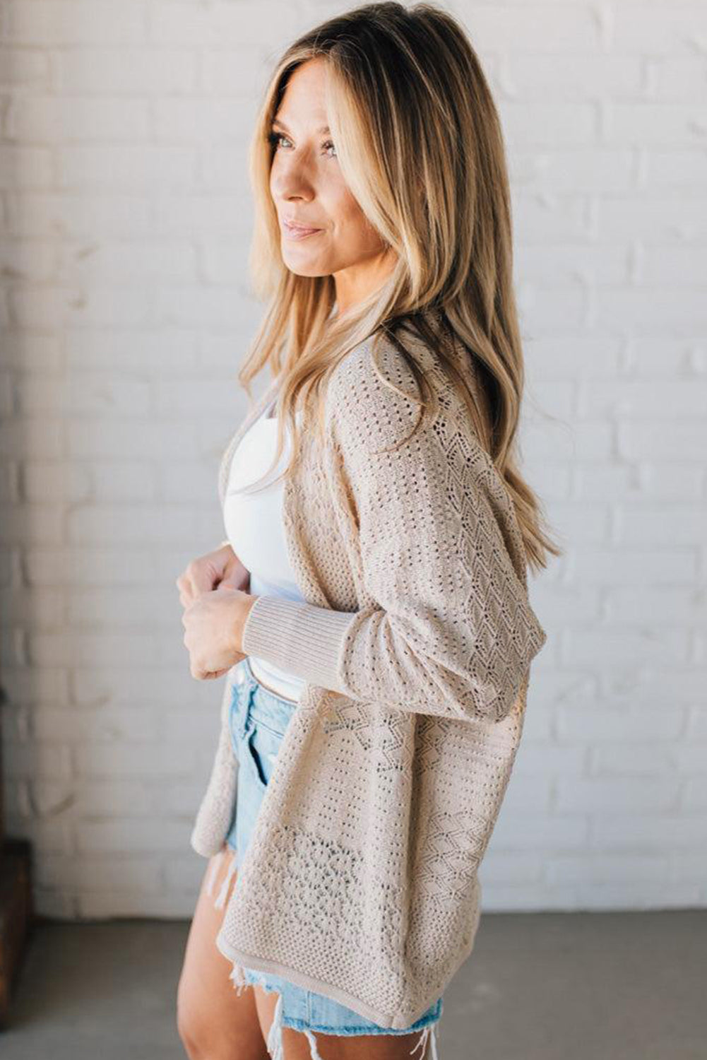 Lapis Mix Pattern Hollowed Knit Open Front Cardigan