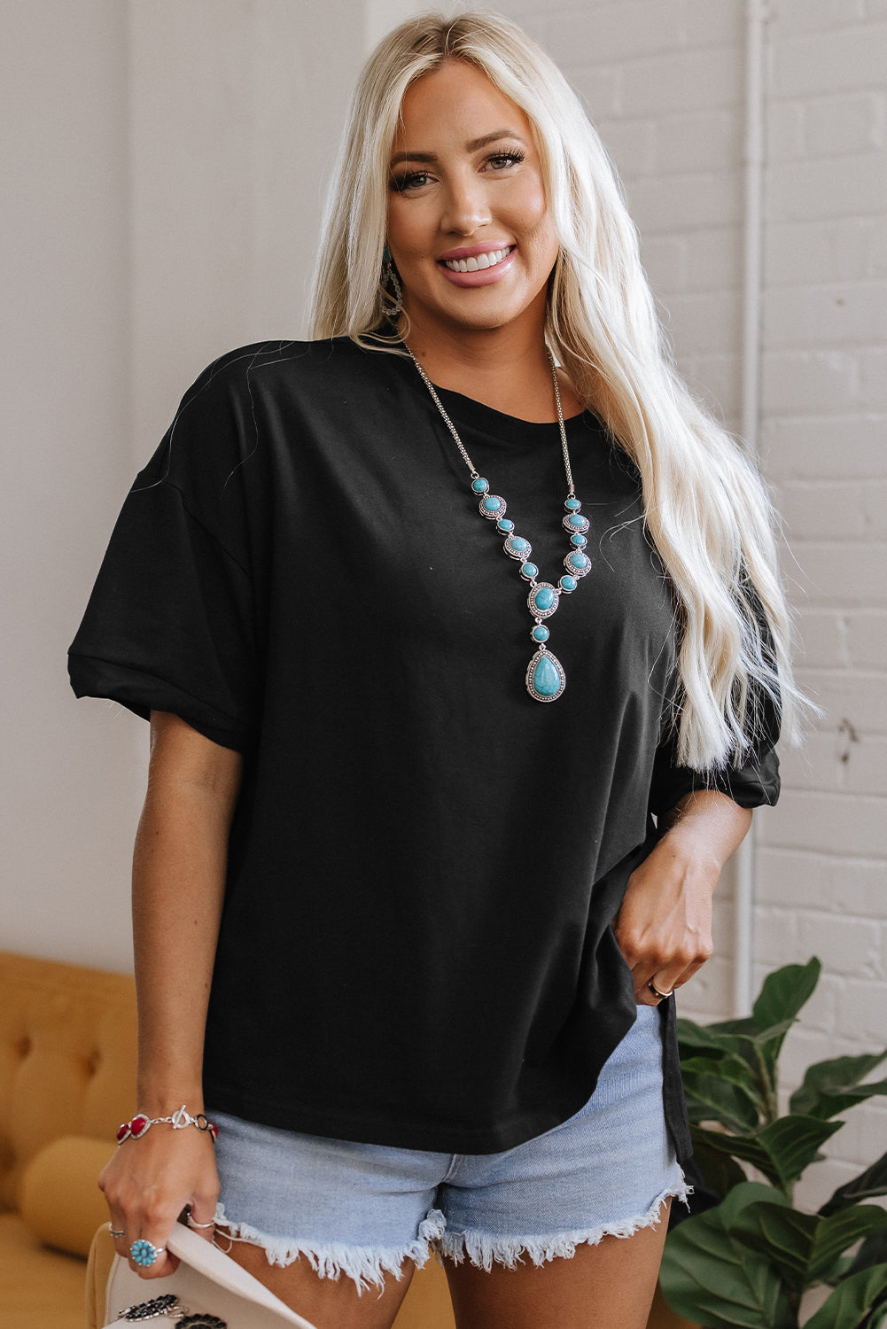 Myosotis Loose Half Sleeve Hi Low Hem T Shirt