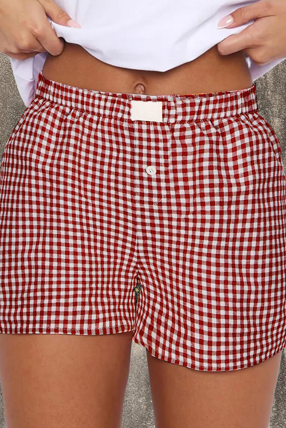 Fern Green Red Plaid Gingham Printed High Waist Shorts