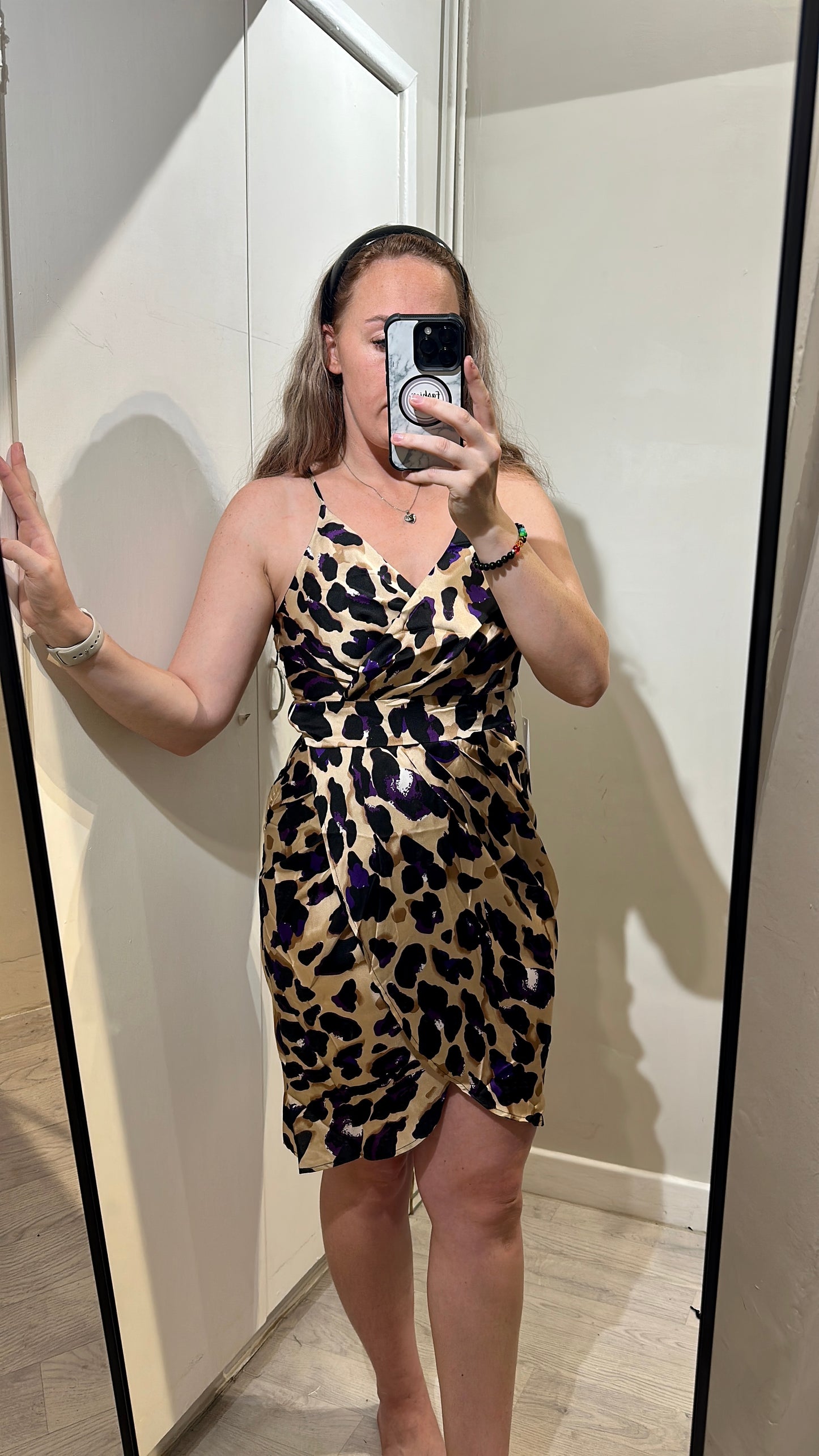 1368 - BEIGE WITH PURPLE DETAIL LEOPARD PRINT WRAP KNEE LENGTH DRESS