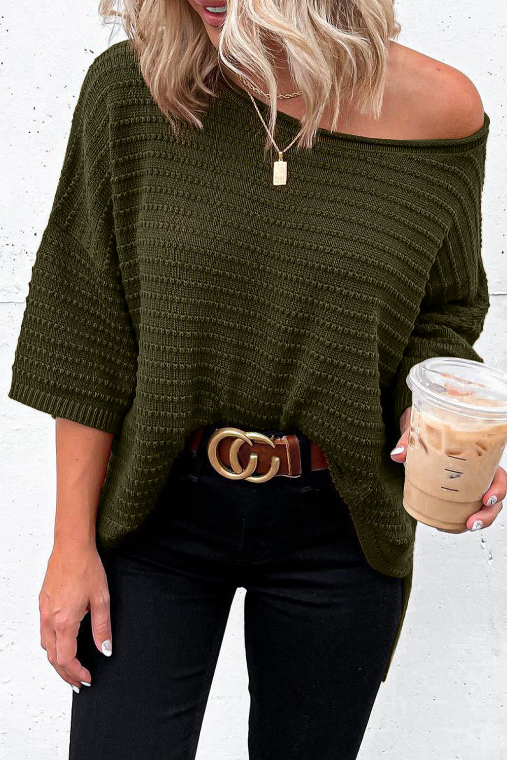 Beige Textured Knit Drop Shoulder Short Sleeve Sweater