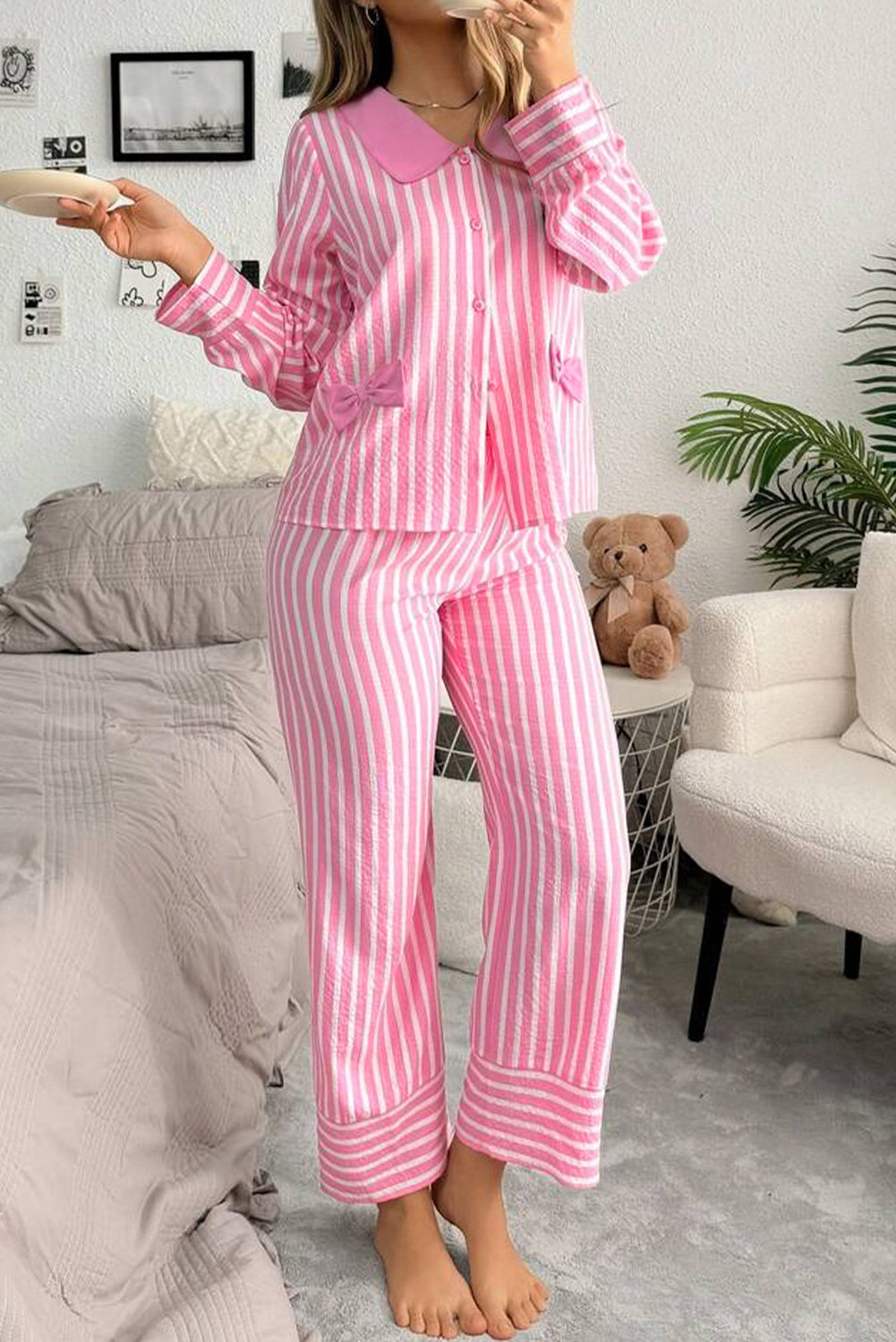 Pink Stripe Buttoned Front Long Sleeve Top and Pants 2 Piece Sleepwear