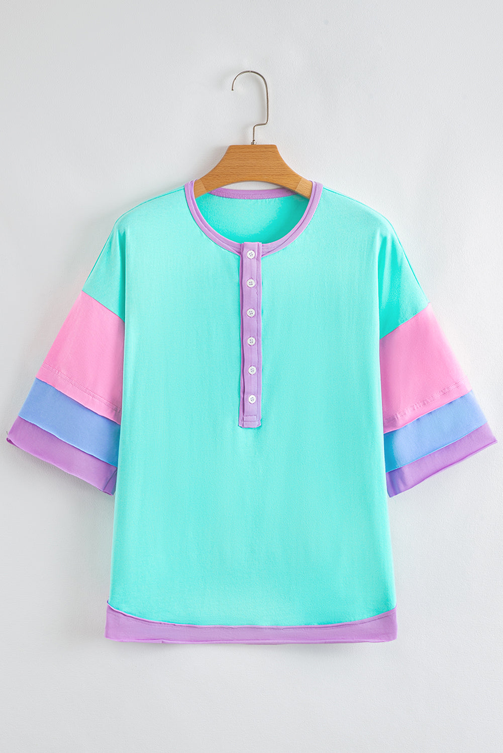 Light Blue Solid Color Half Sleeve Buttons Henley Top