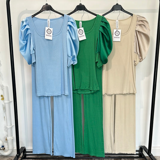 1579 - Satin Puff Sleeve Ribbed Loungewear Set