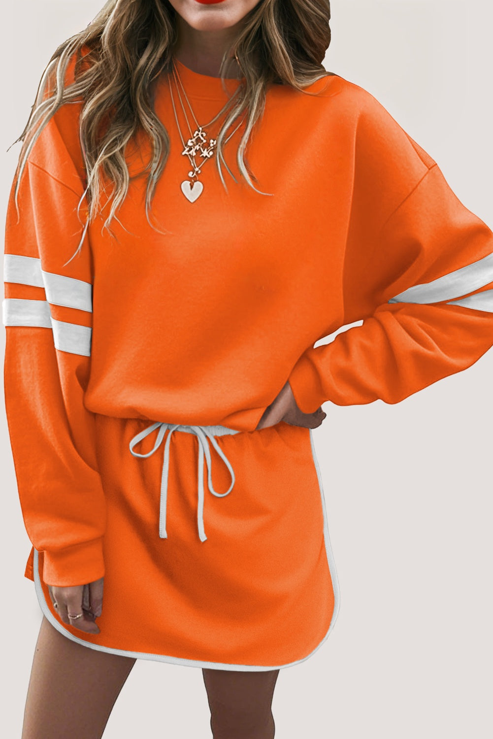 Fiery Red Varsity Stripe Detail Drop Shoulder Pullover Mini Skirt Set