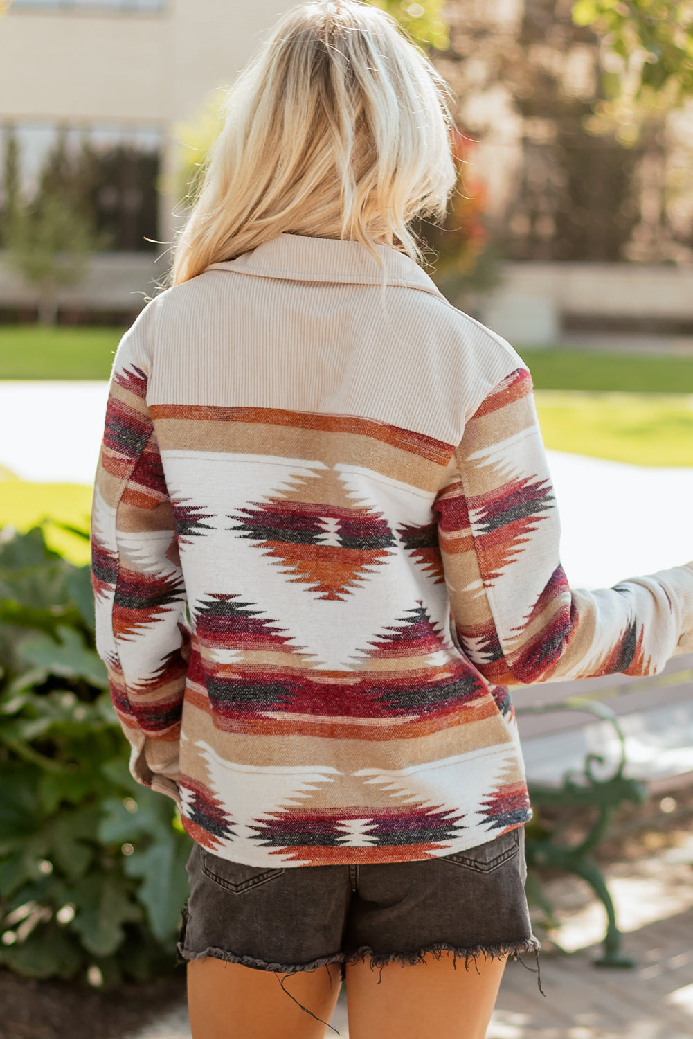 Multicolour Western Aztec Striped Patchwork Double Flap Pocket Raw Hem Shacket