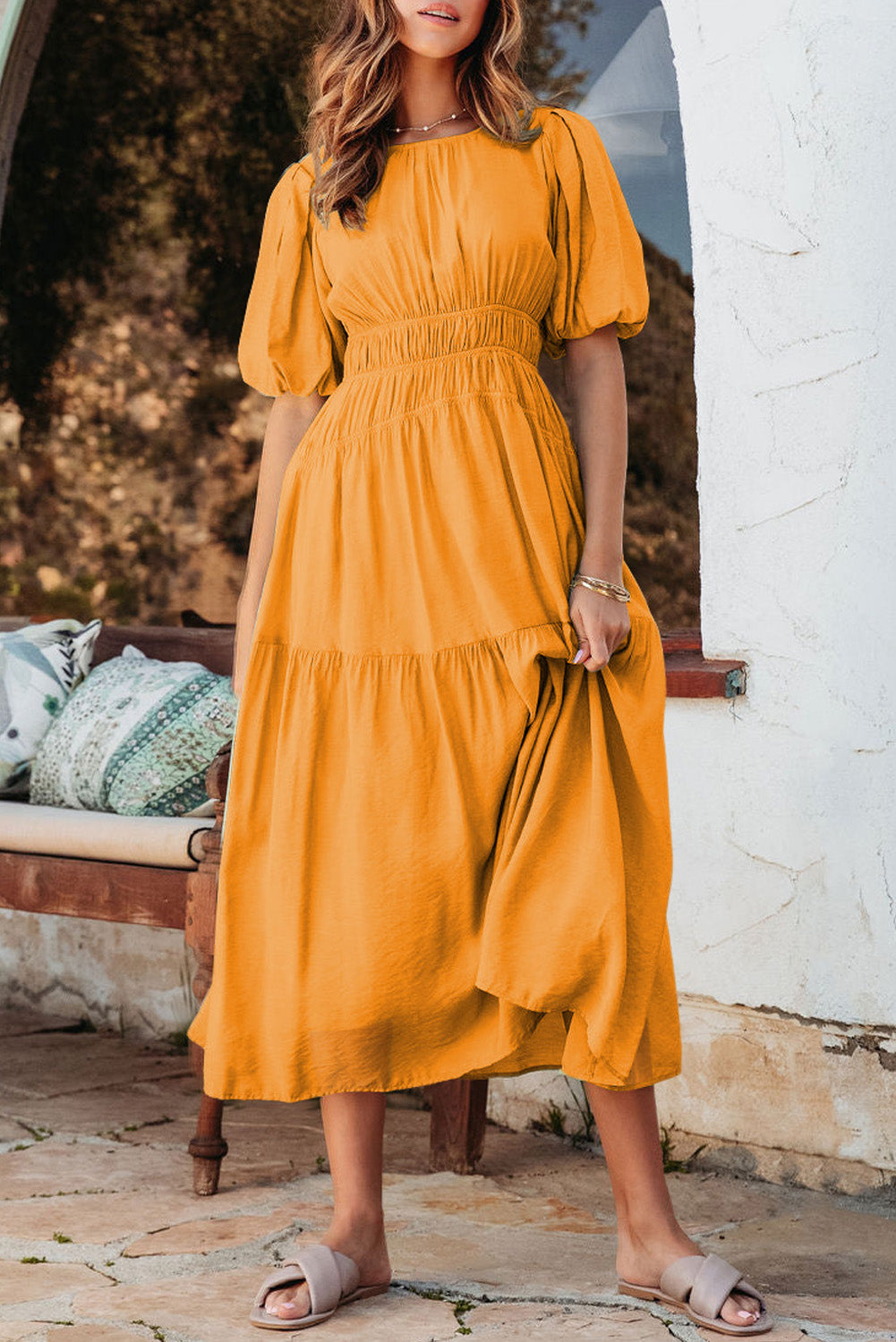 Grapefruit Orange Puff Sleeve Pleated High Waist Flowy Long Dress