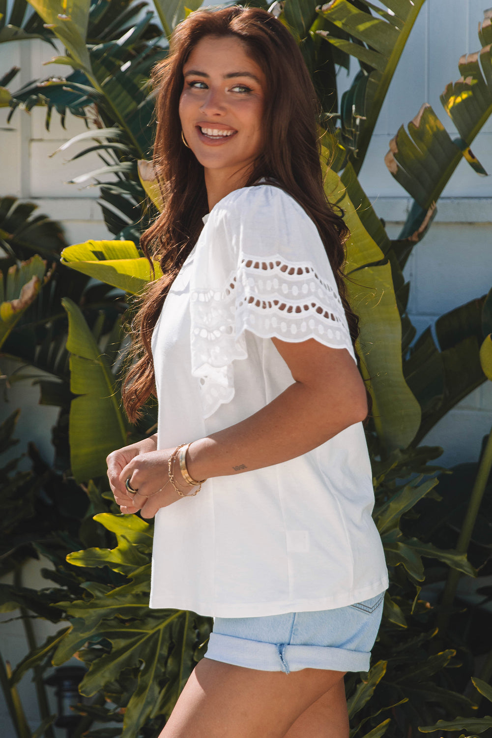 Black Hollow Out Embroidered Short Sleeve O Neck Top