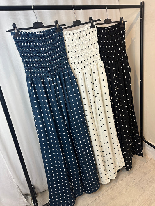 Polka Dot Smocked Bandeau Wide-Leg Jumpsuit