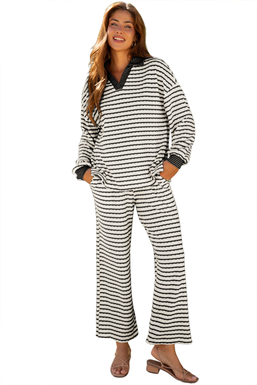 Sky Blue Stripe Collared Pullover Top and Drawstring Pant Set