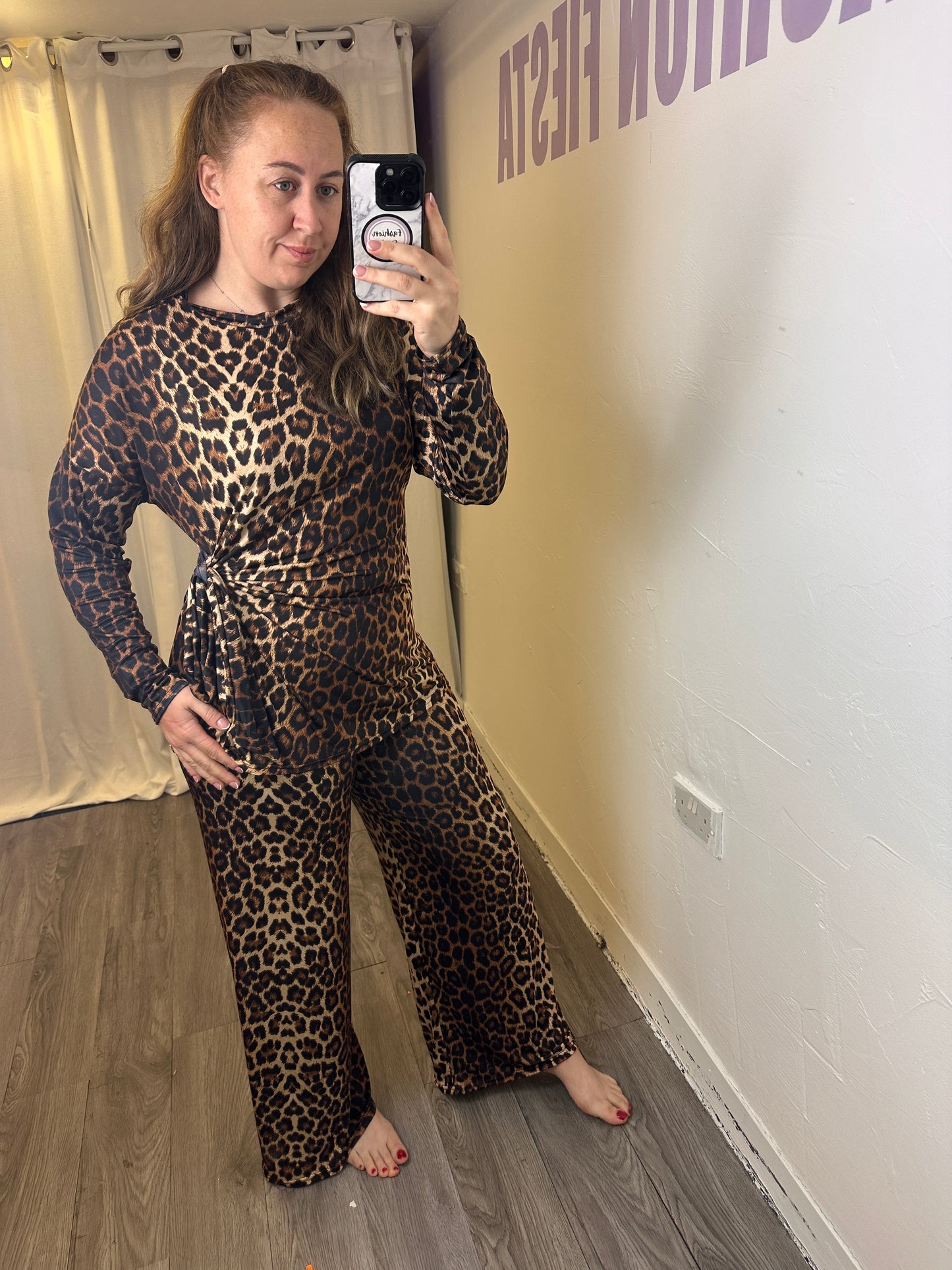 1984 - Leopard Print Long Sleeve Wide Leg Tie Detail Lounge Wear Set