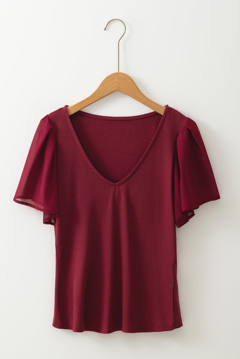 Black Mesh Ruffled Sleeve Slim Fit V Neck Top