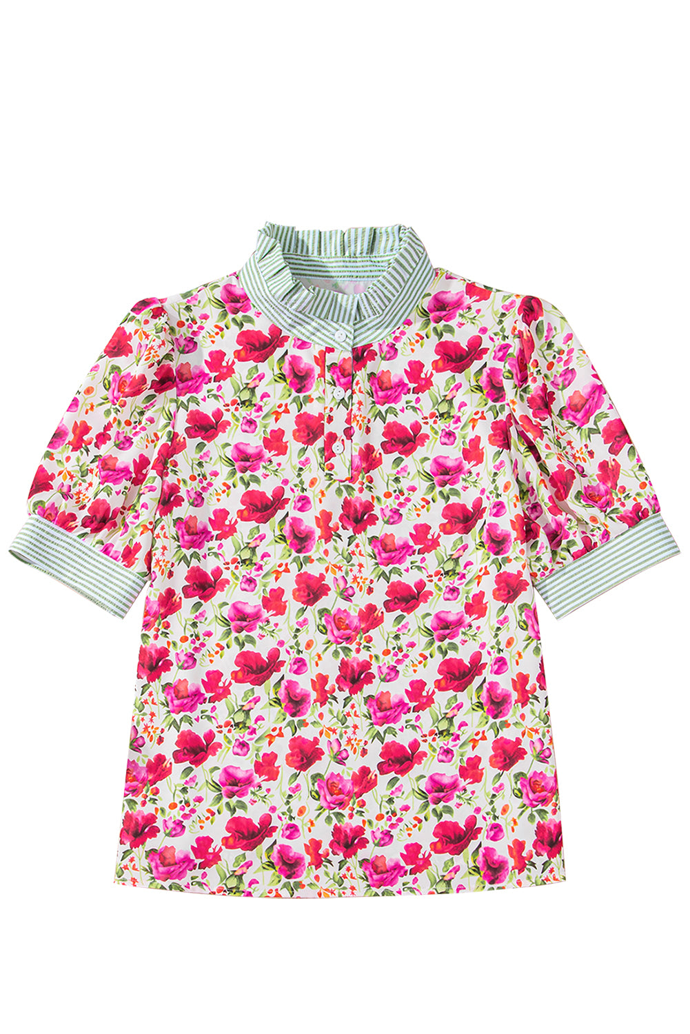 Sky Blue Floral Print Striped Patchwork Collared Short Sleeve Blouse