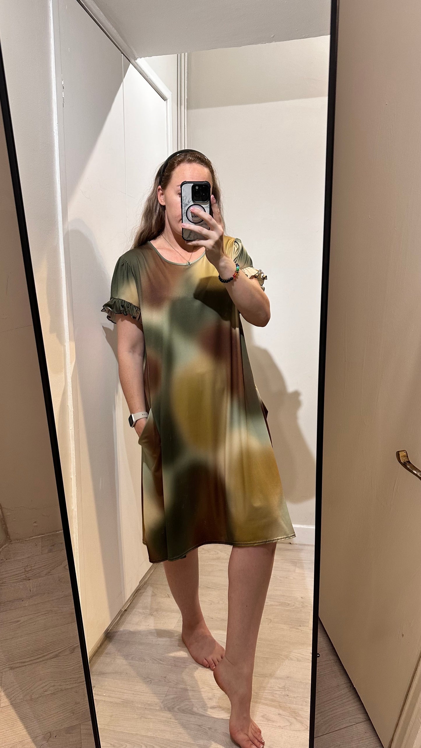 1315 - KHAKI  PRINTED CAP SLEEVE DRESS