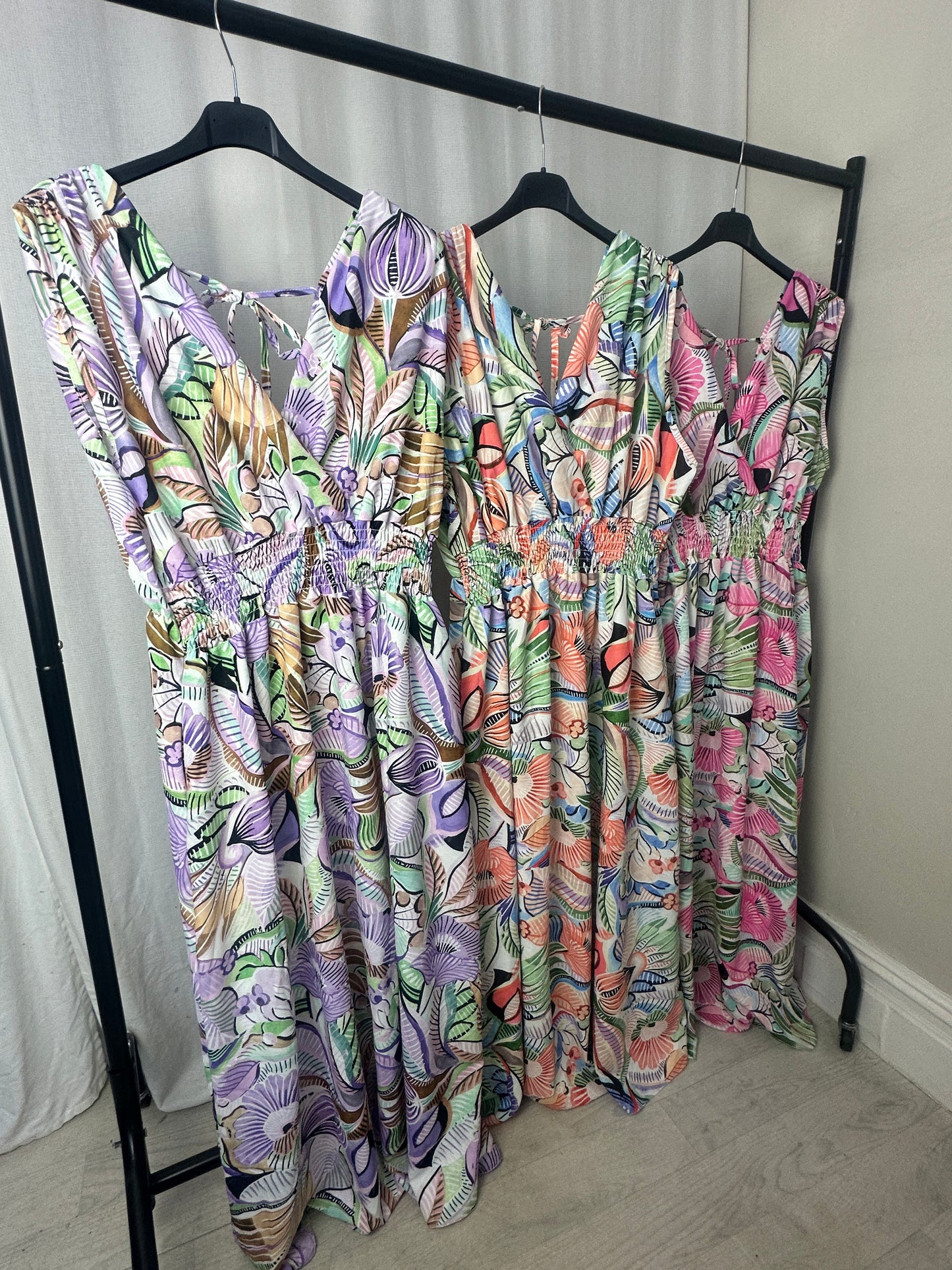 Tropical Botanical Shirred Waist Maxi Dress