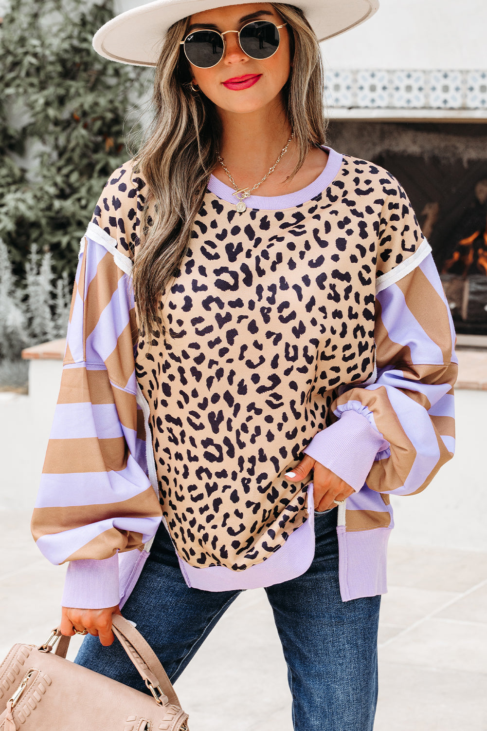 Khaki Stripe Color Block Patchwork Leopard Casual Sweatshirt with Slits