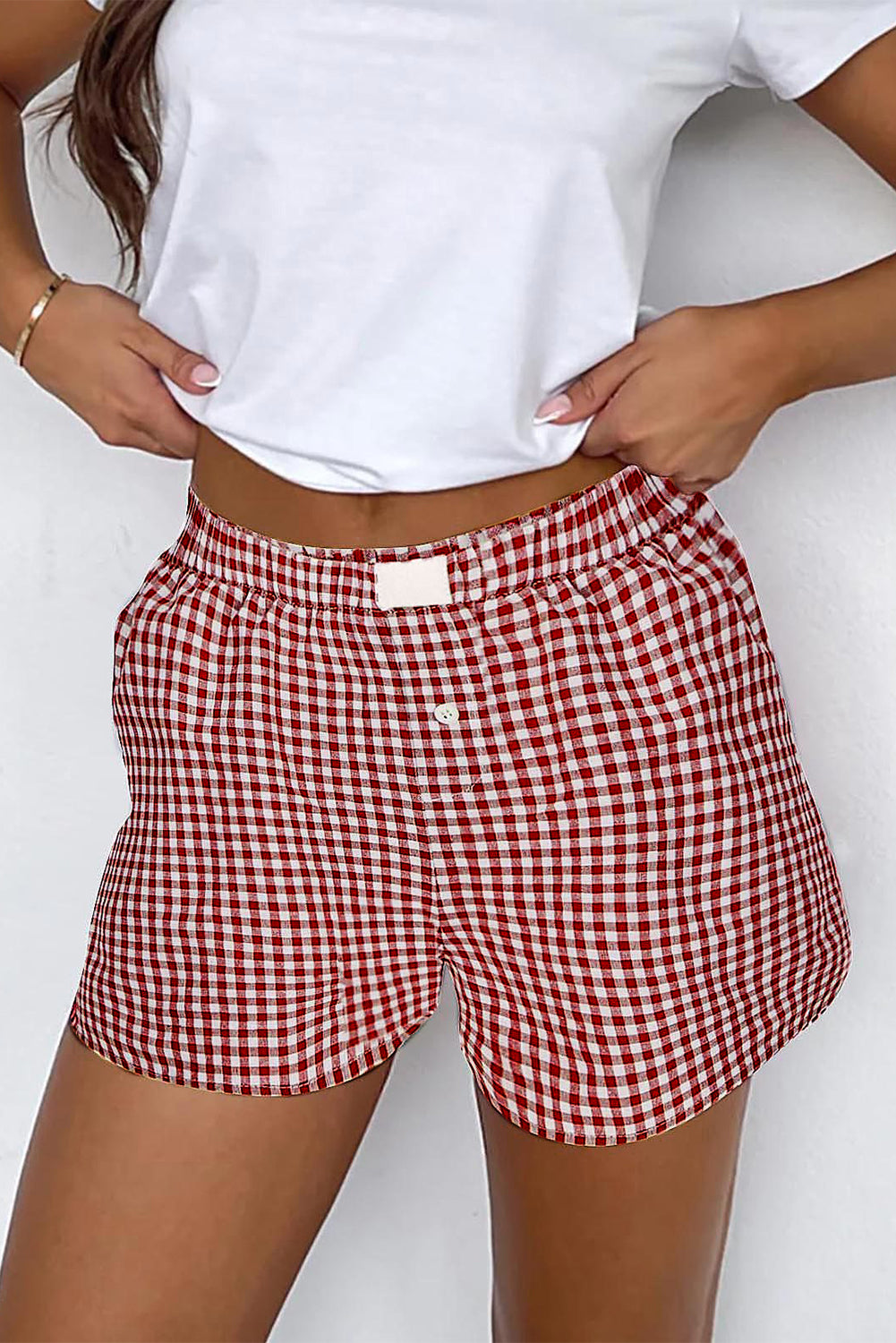 Fern Green Red Plaid Gingham Printed High Waist Shorts