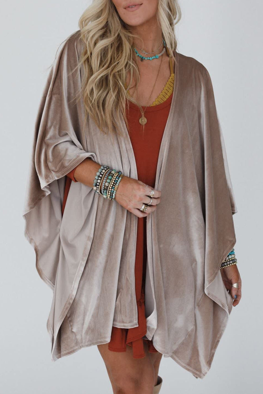 Smoke Gray 3/4 Sleeve Open Front Velvet Kimono