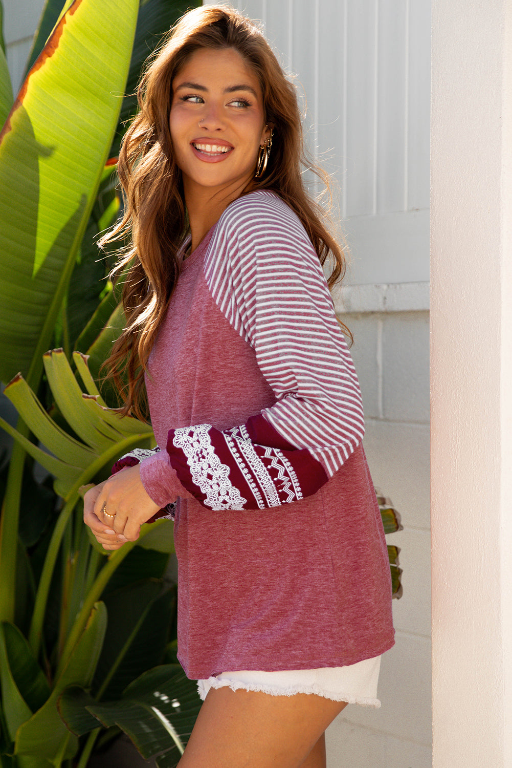 Black Contrast Print Striped Raglan Long Sleeve Loose Top
