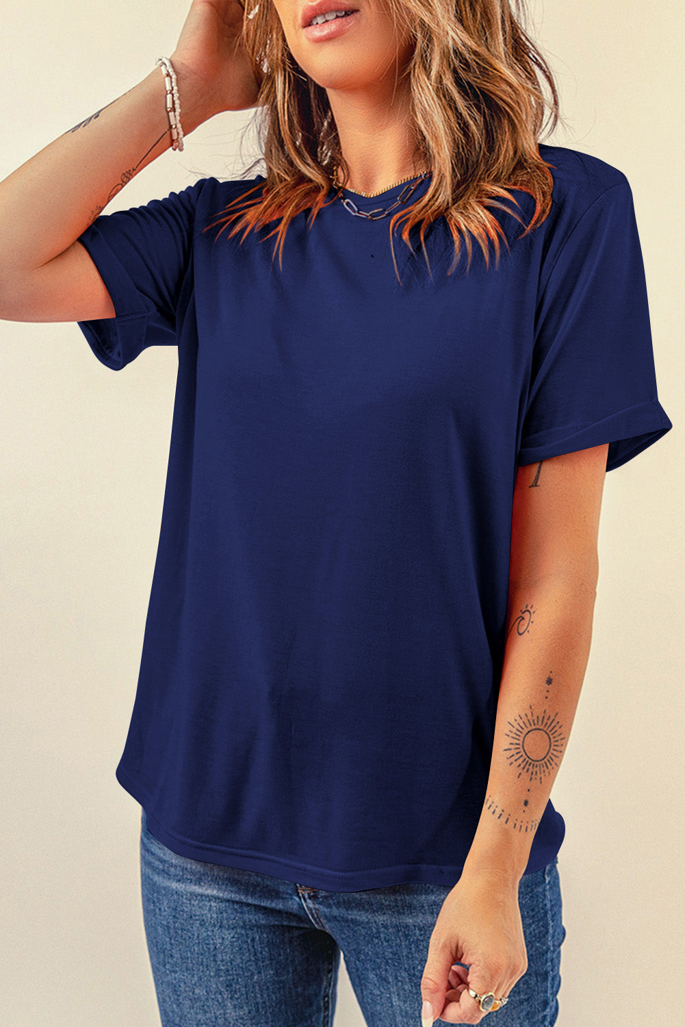 Light Blue Bright Casual Plain Crew Neck Tee