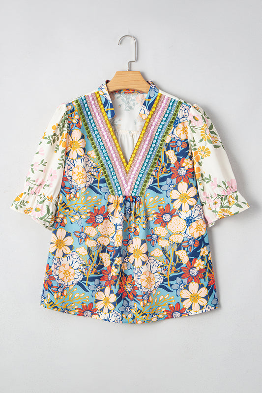 Multicolour Plus Size Floral Print Woven V Neck Half Sleeve Blouse