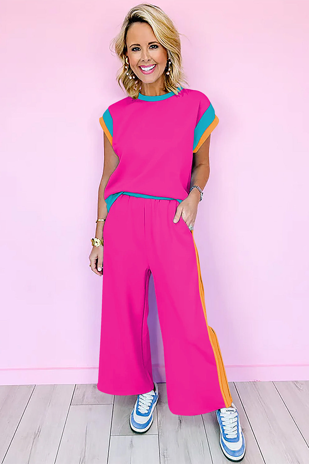 Sky Blue Color Block Detail Casual Two-piece Outfit