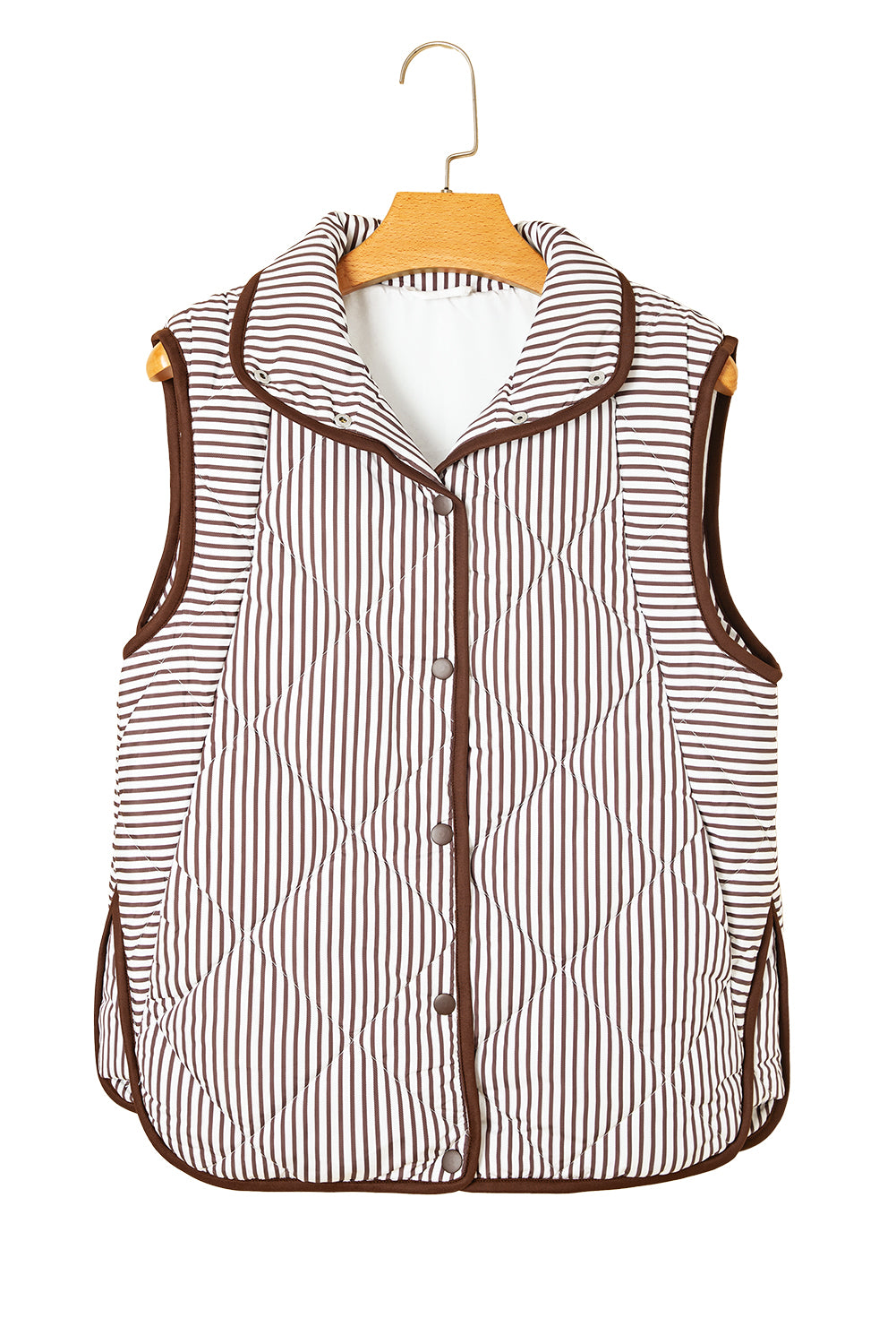 Brown Stripe Snap Button Scalloped Hem Collared Winter Vest