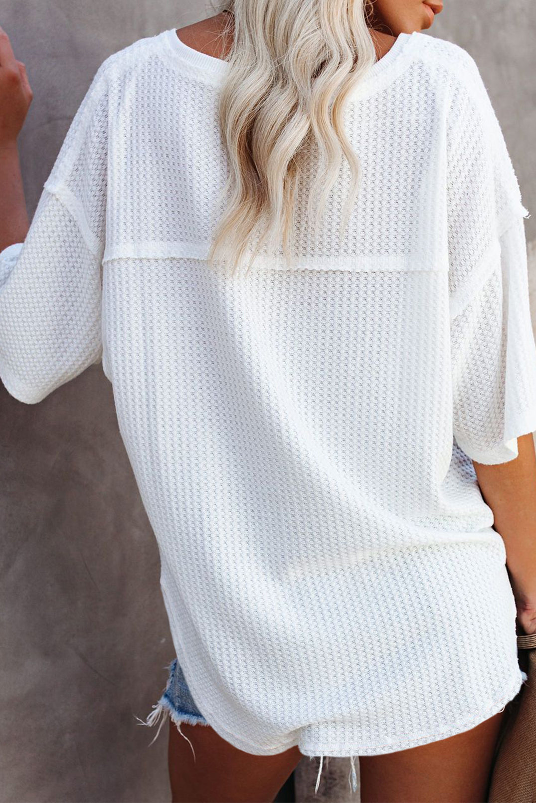 Purple Exposed Seam Half Sleeve Knitted V Neck Textured Top
